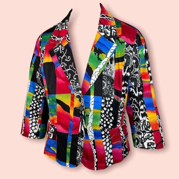 Funky Abstract Rainbow Blazer Vintage Colorful Black White Color Splash Jacket - Picture 1 of 9